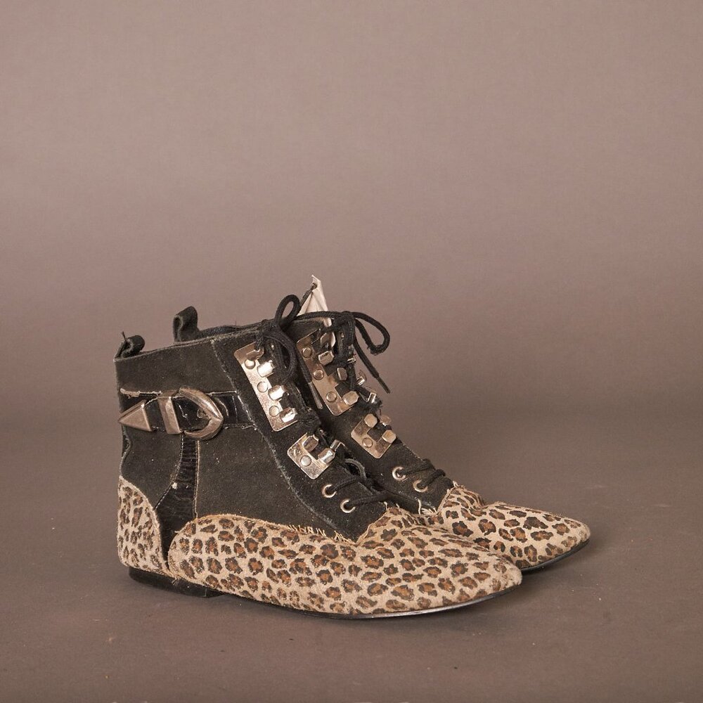 1980s Wild Pair Glam Rock Black and Leopard Booties Boots Shoes